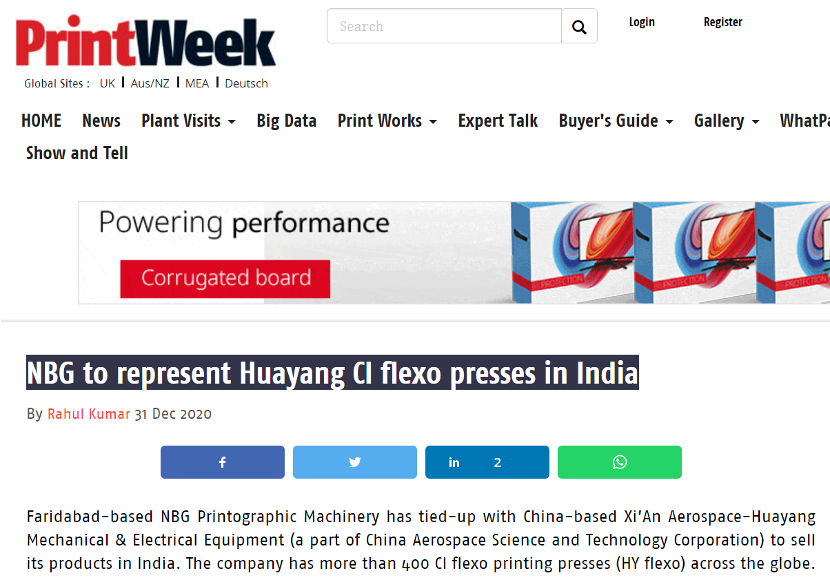 NBG to represent Huayang CI flexo presses in India